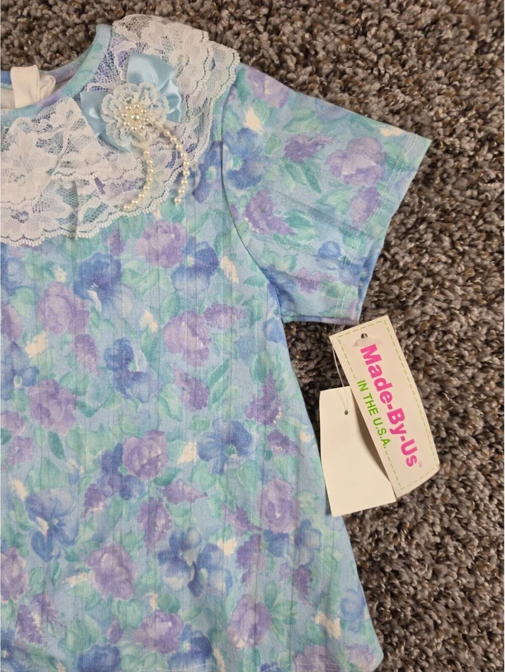 Vtg 1980s Toddler Girls Sz 3T Pastel Floral Short Sleeve Blouse Lace Neckline
